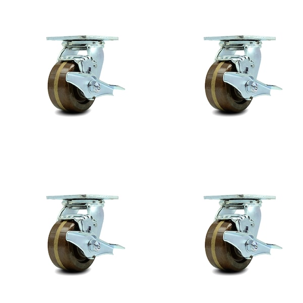 4 Inch High Temp Phenolic Swivel Caster Set with Roller Bearings and Brakes SCC